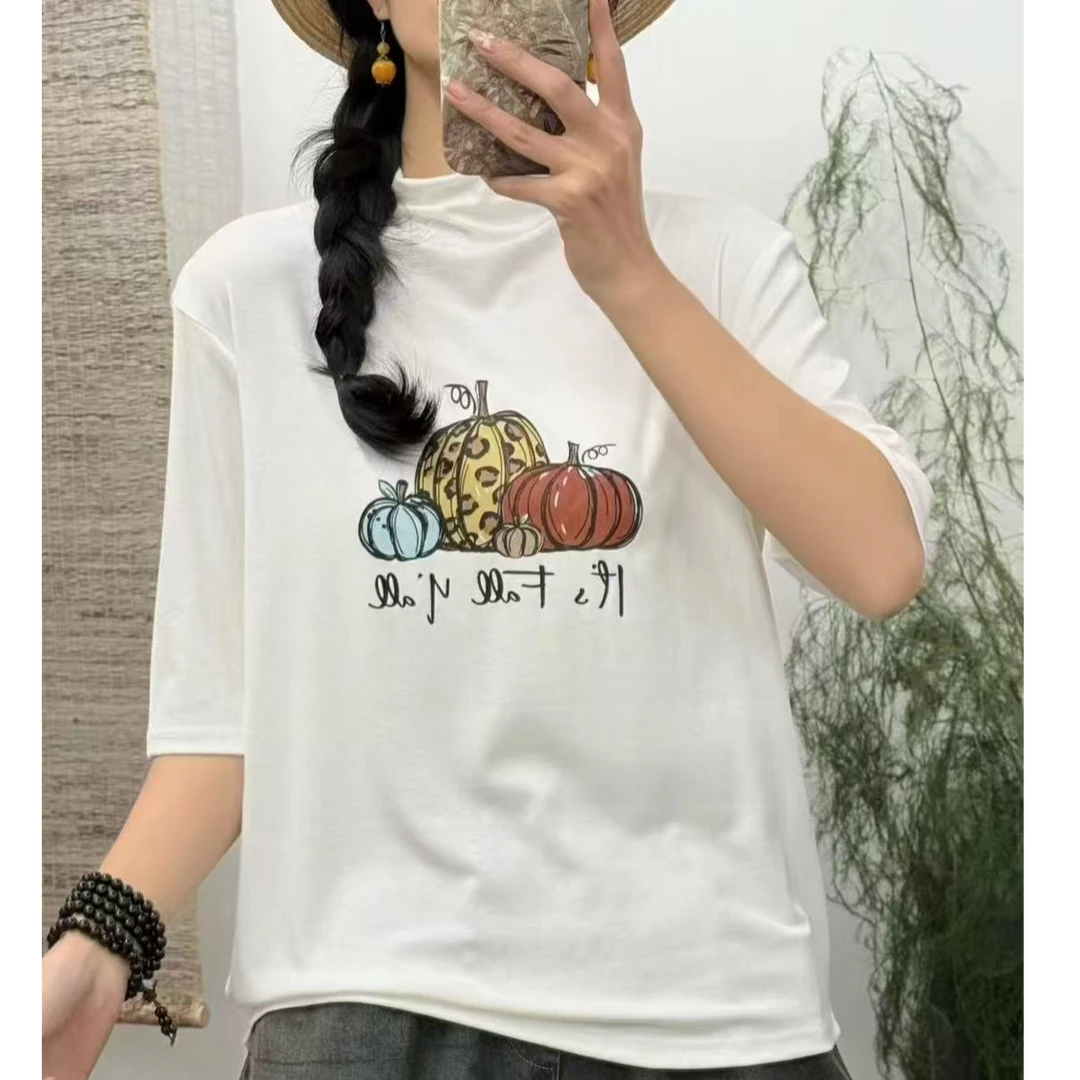 10479春款纯棉南瓜中袖t恤女宽松百搭印花上衣胸围130衣长63
