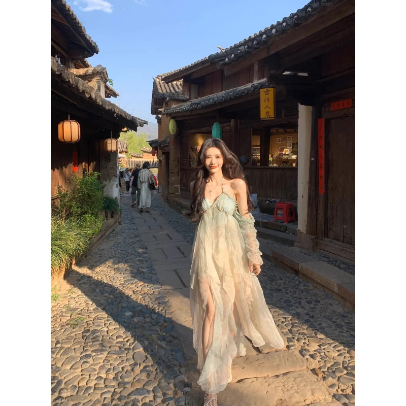 《清酒山茶间》仙女风露背吊带连衣裙女夏季度假风可拆卸袖公主长裙