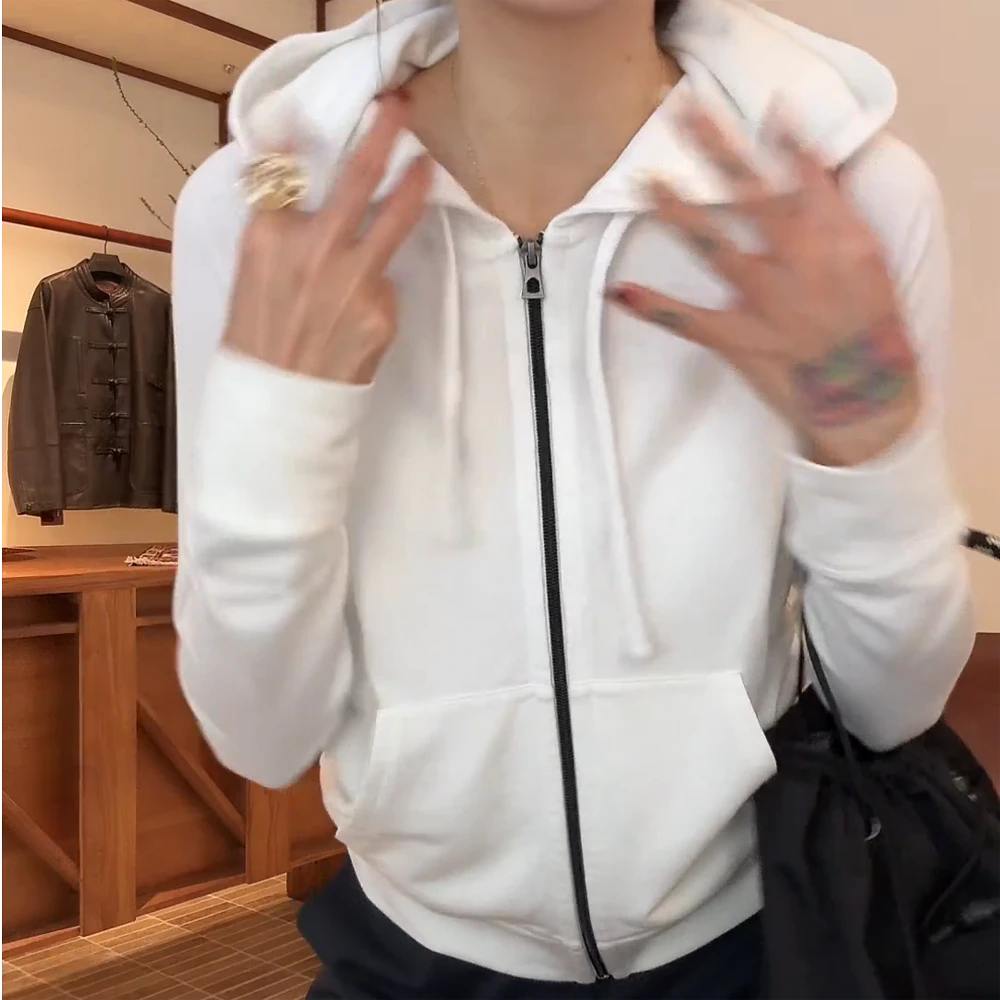 2025春季简约撞色拉链连帽卫衣外套女春秋长袖白色上衣带帽韩版