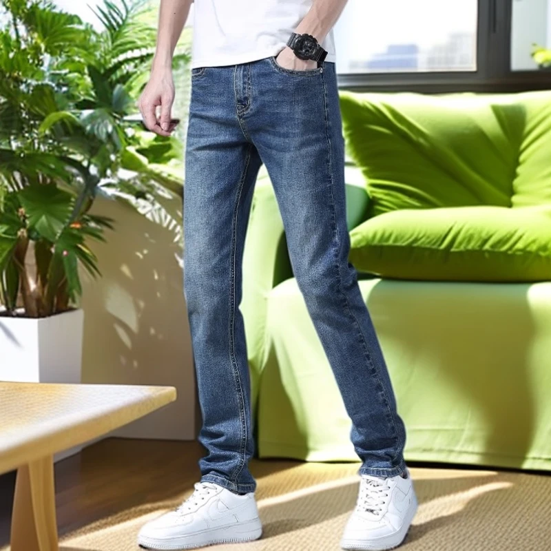 娜罗普西牛仔裤男士夏季新款冰丝薄款修身小脚裤百搭复古男款长裤