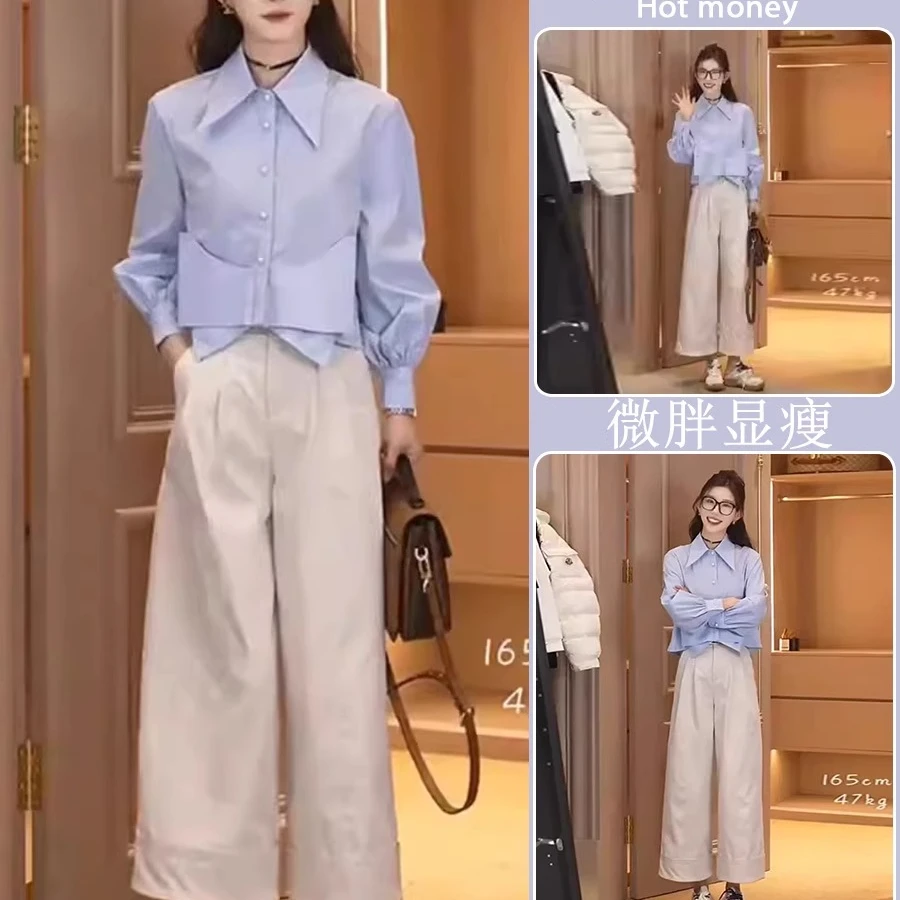 春装搭配一整套时尚法式独特绝美小香风蝴蝶结翻领衬衫直筒裤套装