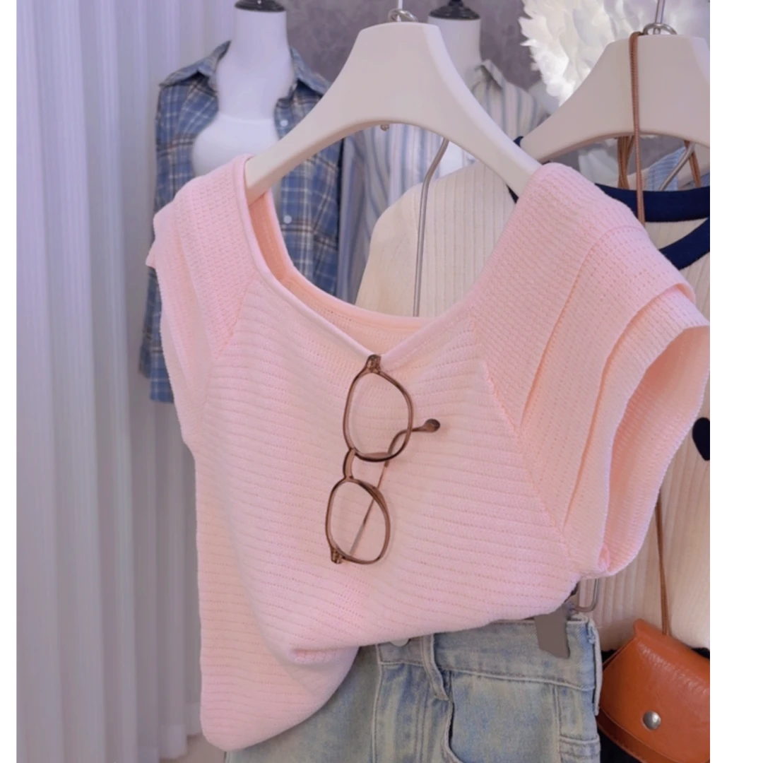 纯色短款时尚针织衫短袖t恤女百搭夏季2025新款镂空上衣