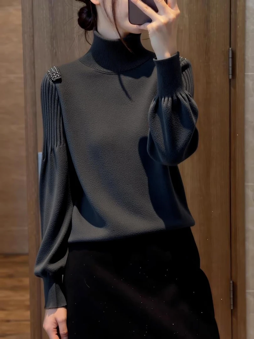 时尚慵懒风长袖针织衫女秋冬新款巨好看半高领显瘦打底套头毛衣女