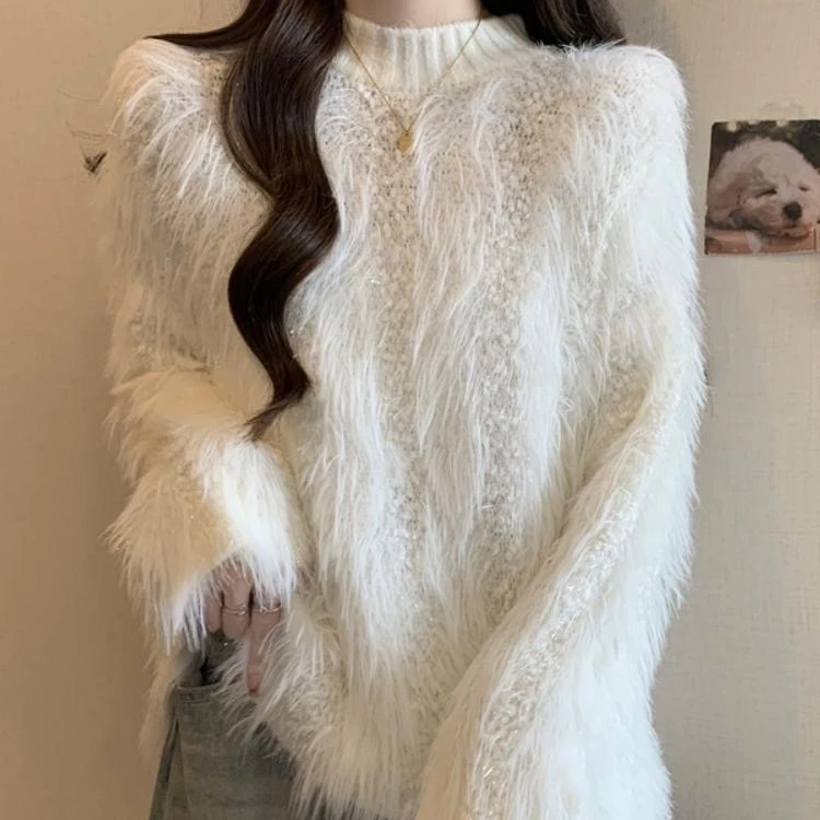 千语栀 【阑珊星光】实物亮丝超美 半高领水貂绒毛衣宽松长袖针织衫