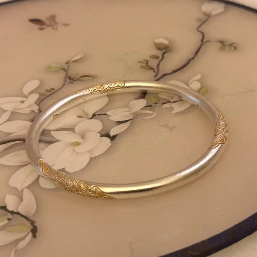 足银手镯 繁花似锦描金足银999.9实心闭口镯古法雕刻新中式工艺
