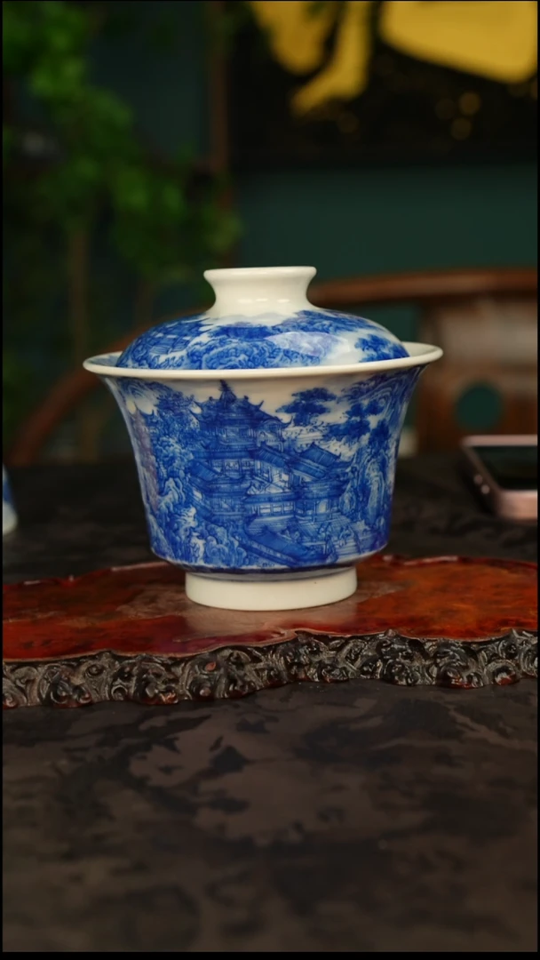 自成堂 青花手绘楼阁盖碗