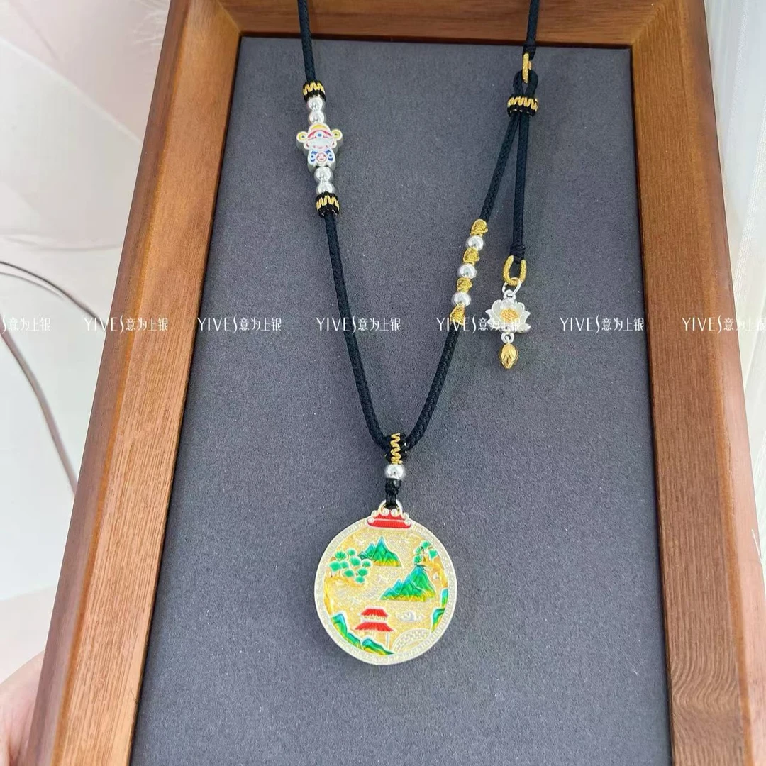 吊坠足银 足银999千里江山图平安扣錾刻宫廷江山平安扣吊牌手工