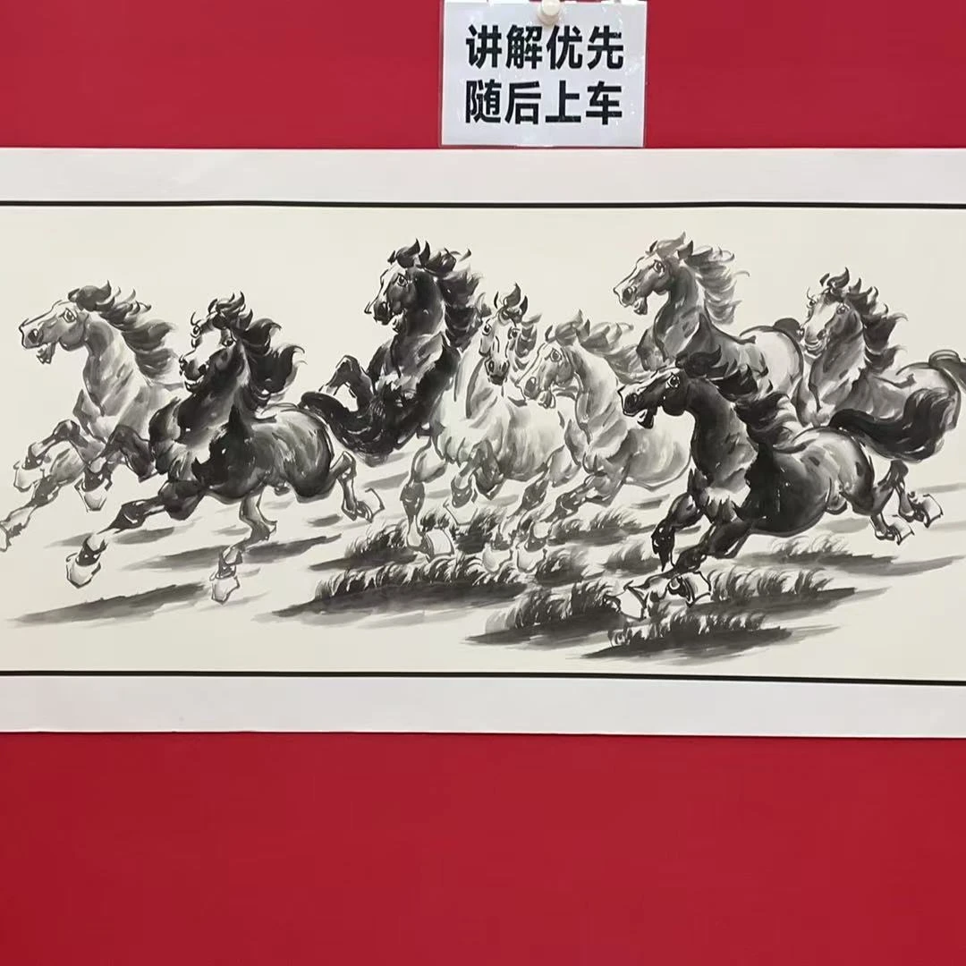 李新社八尺横幅手绘宣纸骏马驰骋-水墨画