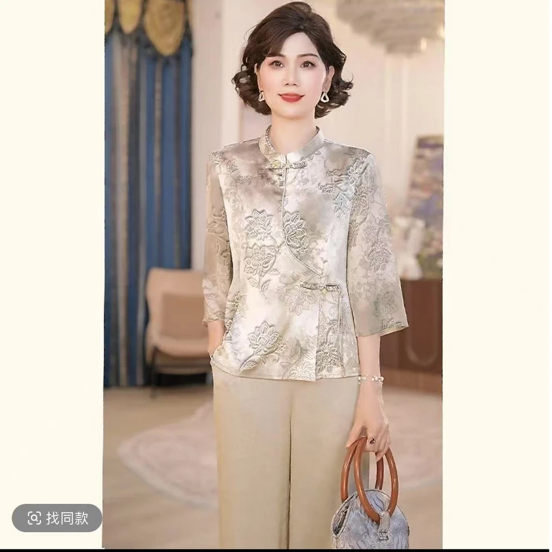 中年妈妈装新中式国风套装新款洋气上衣服中老年女装两件套