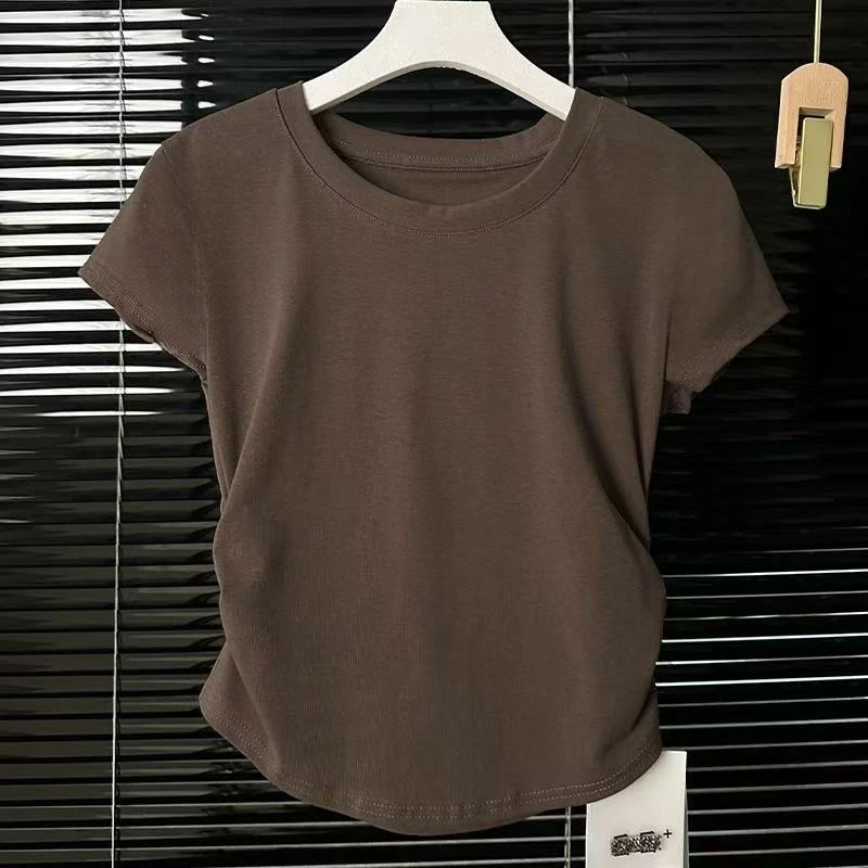 9179褶皱小飞袖短袖圆领软糯两侧抽褶设计显瘦挺拔感纯色正肩T