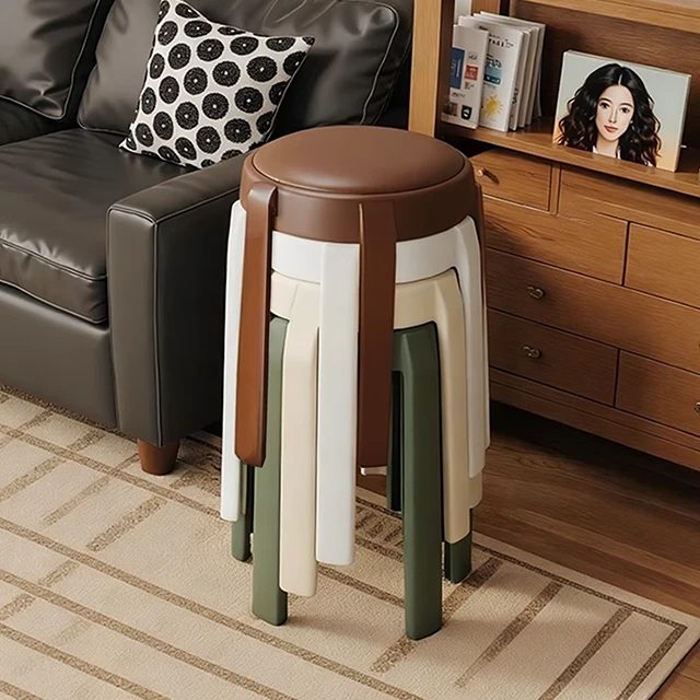 塑料凳子家用可叠放软包圆凳结实耐用特厚高端餐桌椅客人备用板凳