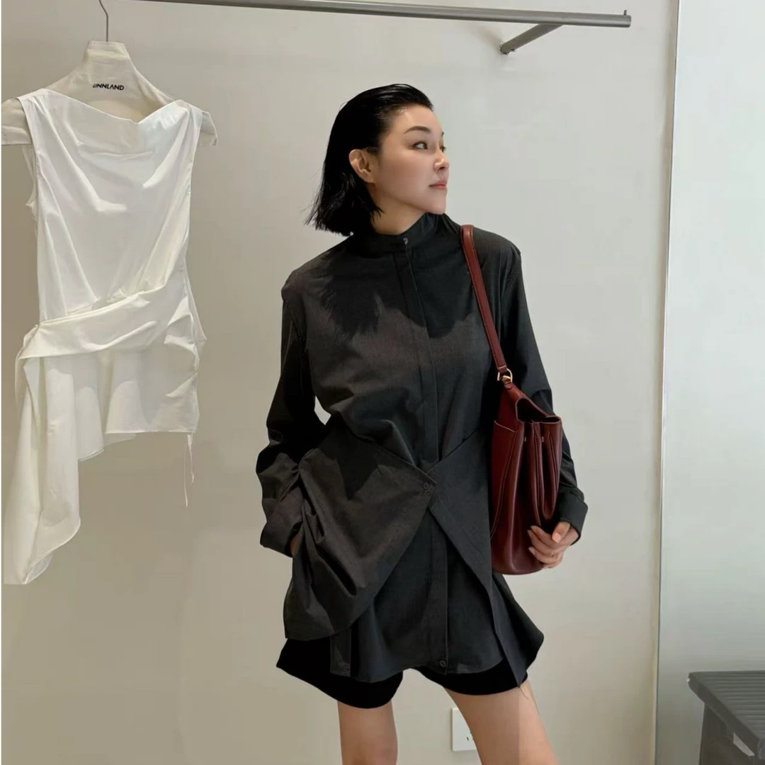 ZHUZHENFEI 莫代尔羊毛醋酸灰色中性两片式极简长袖衬衫Z352526