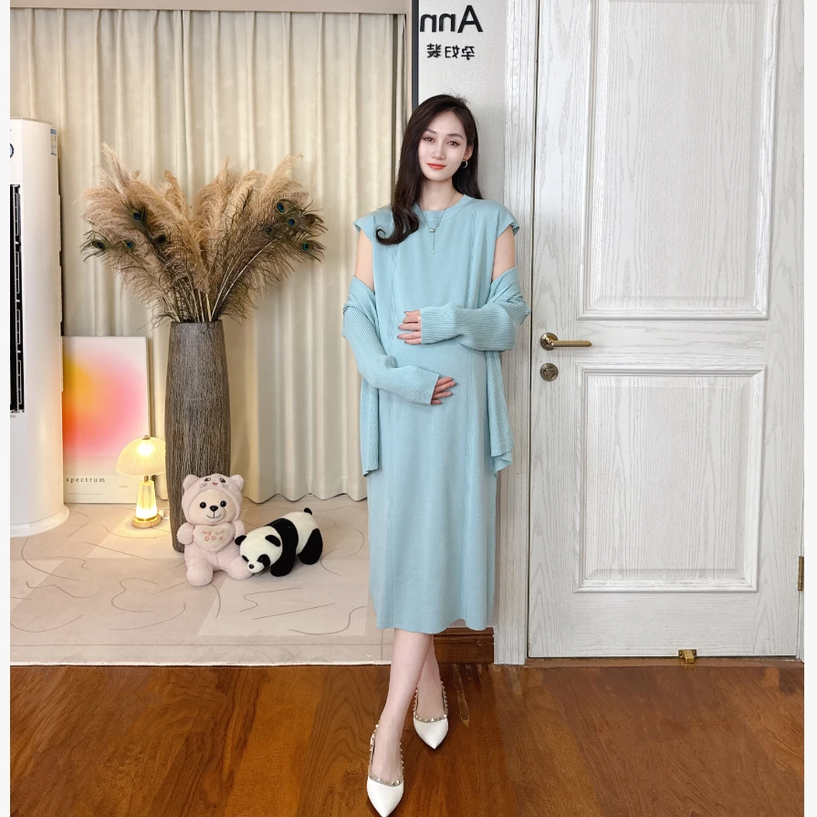Ann&tens 【漫步秋风】2025秋季老钱风宽松版孕妇套装连衣裙+开衫