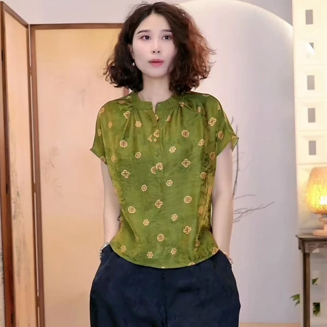 半开领绿色小黄花印花夏季新款2025小衫上衣