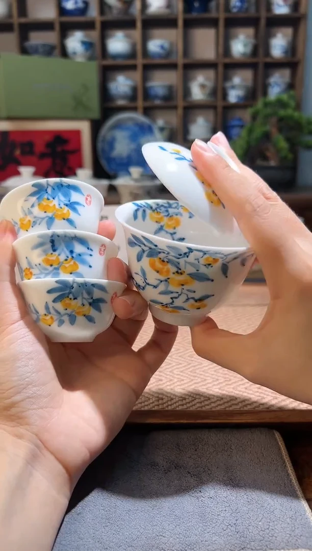 手绘柿子盖碗+送3个客杯