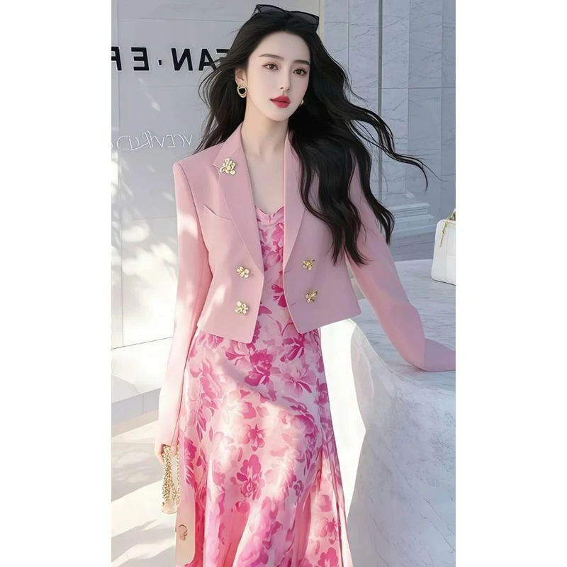 春季套装女2025新款大码女装法式高级感碎花连衣裙西装外套两件套