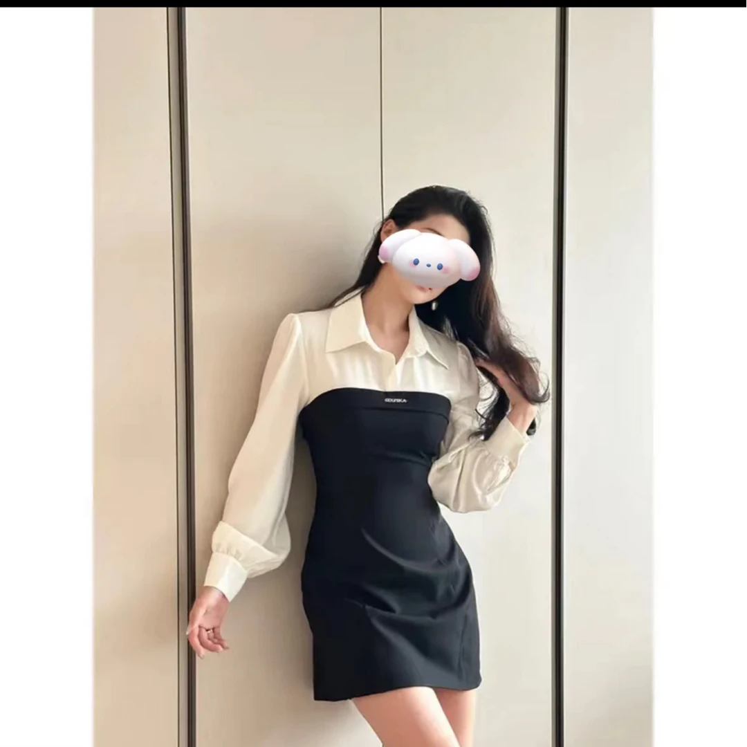 法式黑白拼接连衣裙显瘦收腰气质长袖短裙