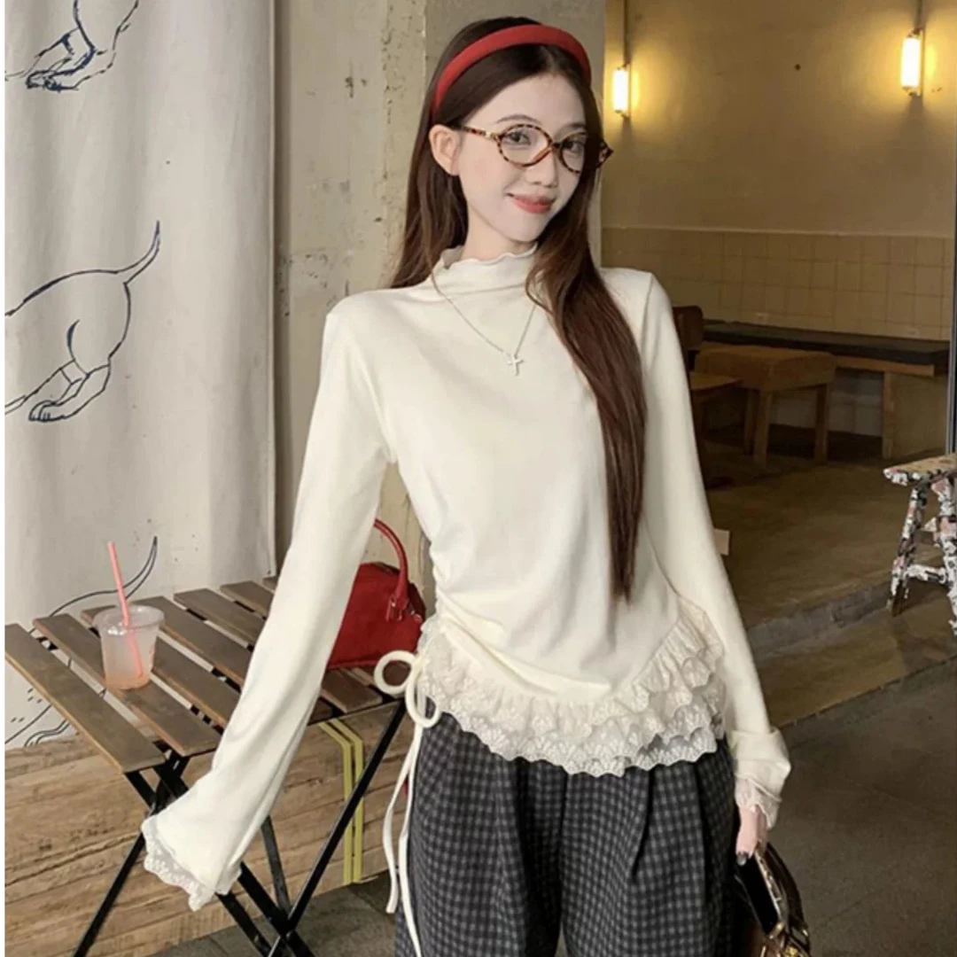 【韩女必备打底】长袖半高领女蕾丝下摆T恤秋冬修身内搭针织
