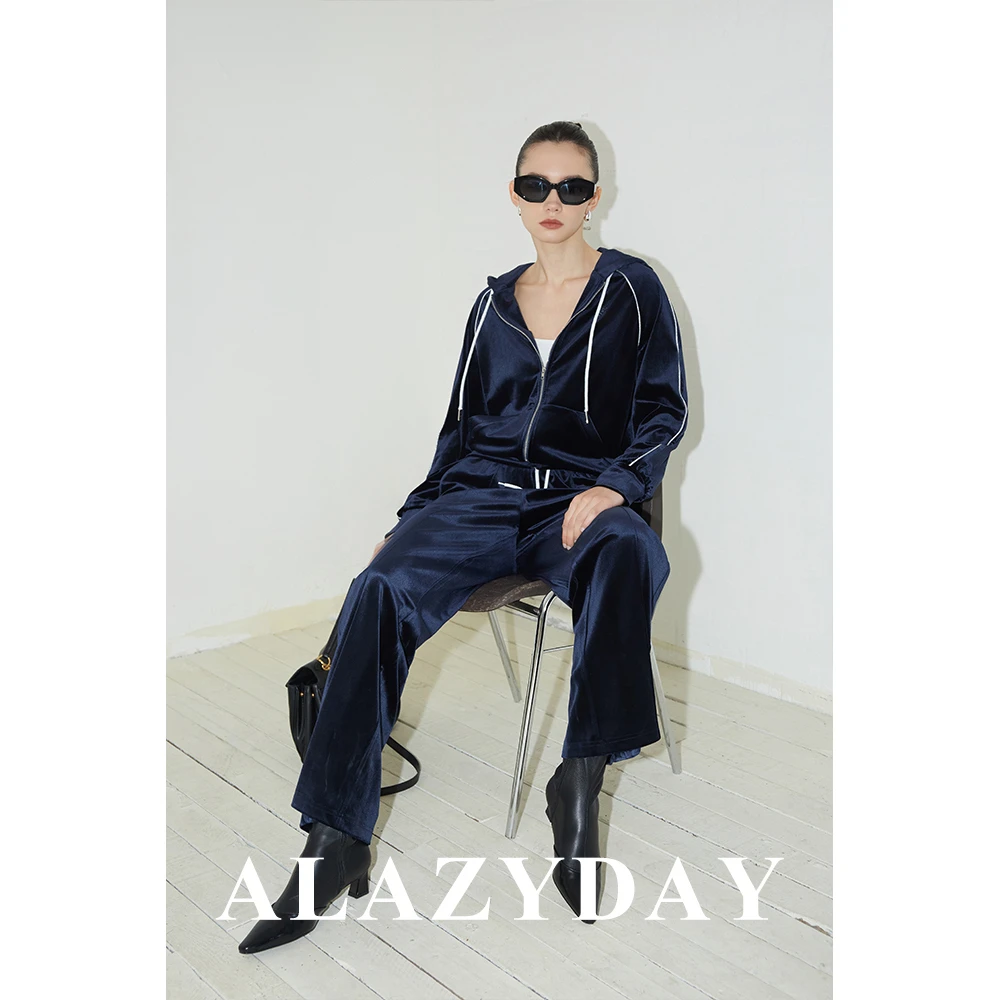 ALAZYDAY 高级感丝绒连帽拉链长款休闲裤运动套装