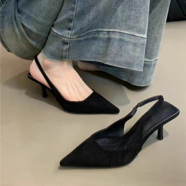 法式小众高跟鞋女2024春季新款气质名媛绒面尖头细跟包头凉鞋单鞋