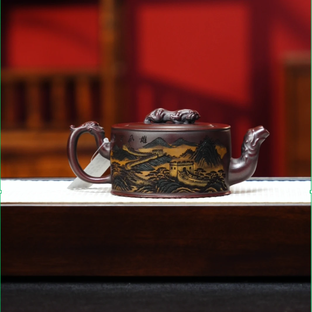 宜兴紫砂 彩刻卧虎汉瓦 古乌泥 陈红 h529