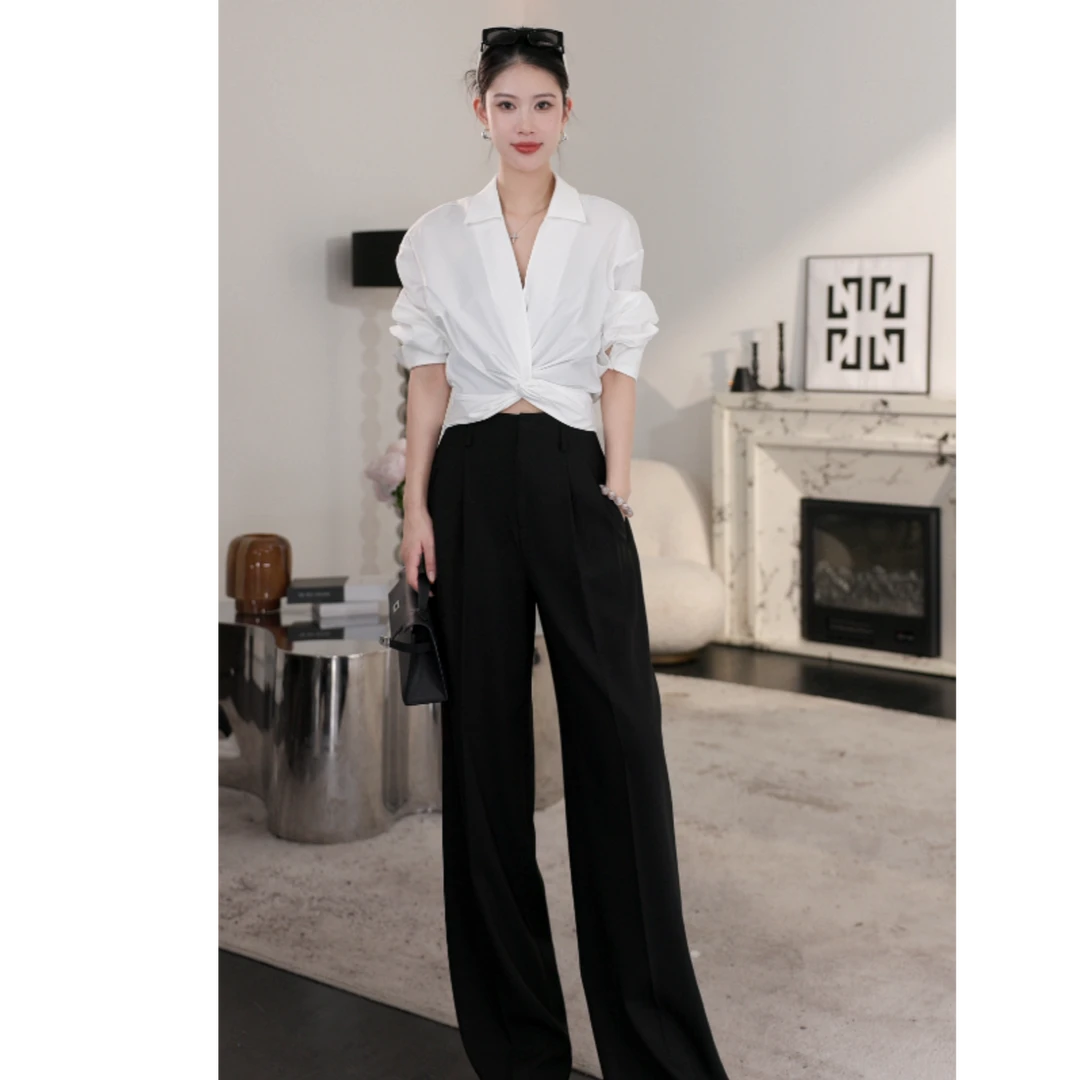 LYNEE 棉质简约深V短款收腰扭结温婉大方衬衫女设计感LGB2FSW106