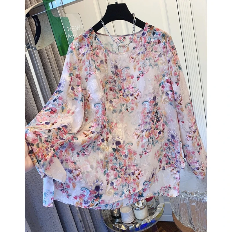 0617超好看新中式碎花防晒衫衬衫气质罩衫宽松上衣女夏季轻薄时尚