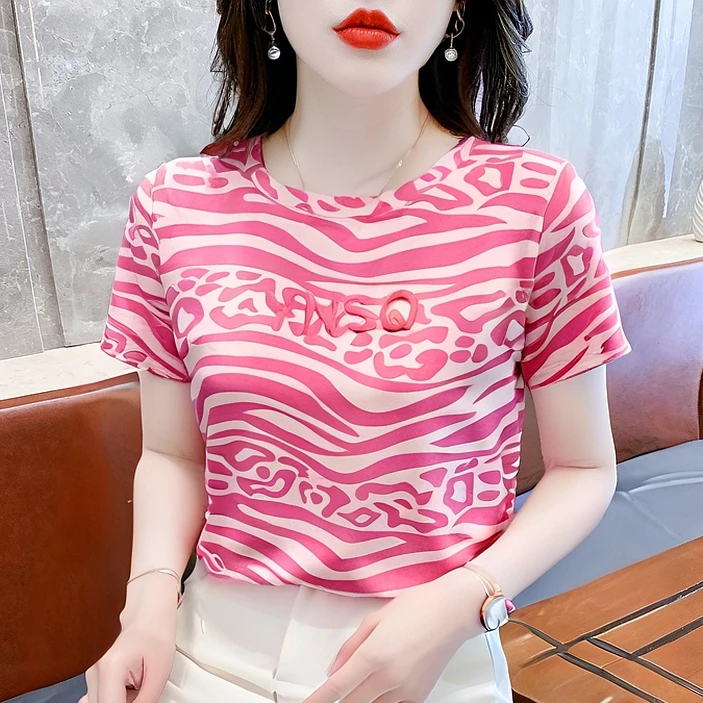 时尚刺绣豹纹设计感女装韩版短袖T恤女2025年新款小众夏季洋气