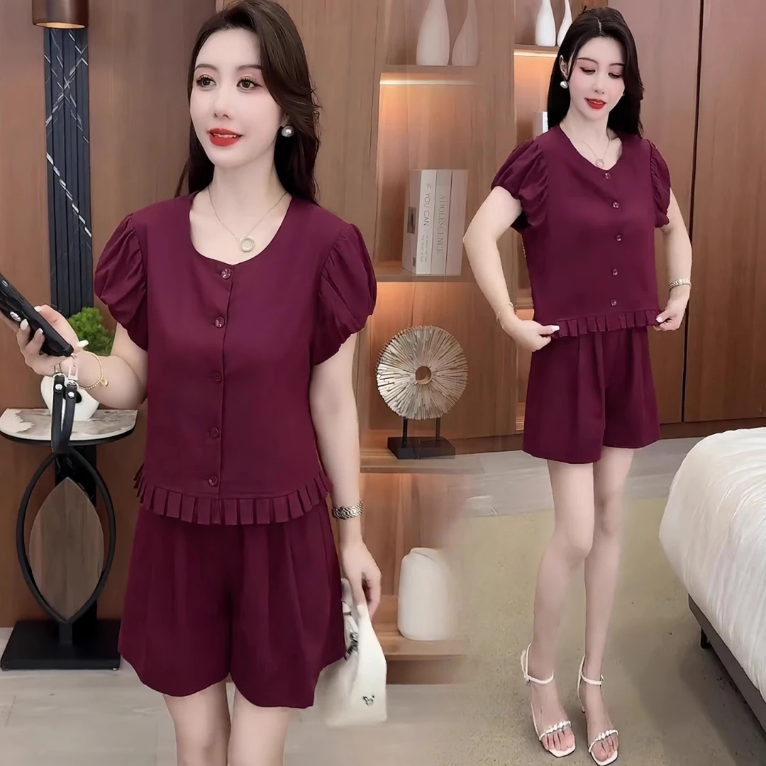木耳边短袖上衣小个子时尚套装女夏季新款洋气阔腿短裤减龄两件套