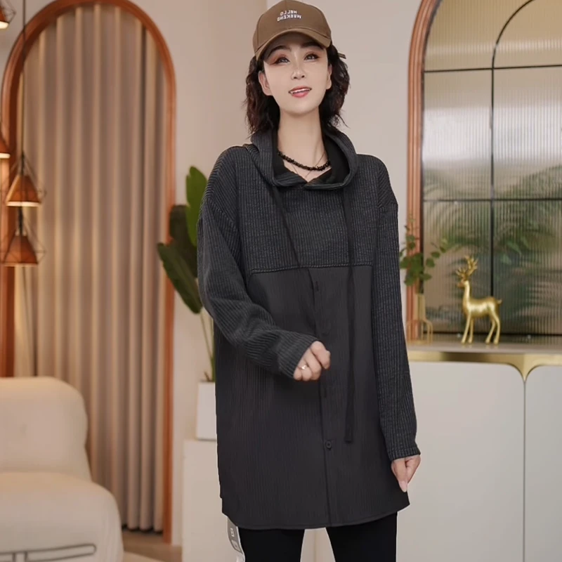 8144-8847春季新款长袖2024宽松休闲大码拼接连帽卫衣女