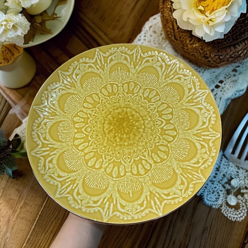 220 微瑕品10.5英寸黄色浮雕西餐盘大盘