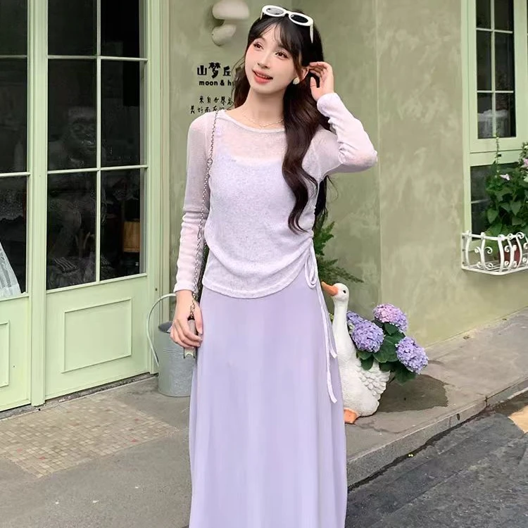 防晒长袖罩衫吊带连衣裙两件套女2025夏季新款小个子套装1789