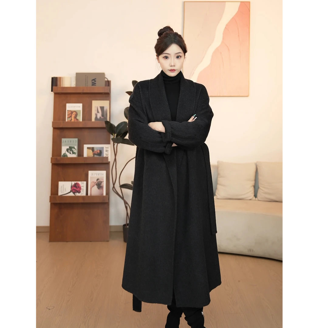 Vv可拆卸真狐狸毛双面羊毛大衣女浴袍款系带宽松气质新款毛呢外套