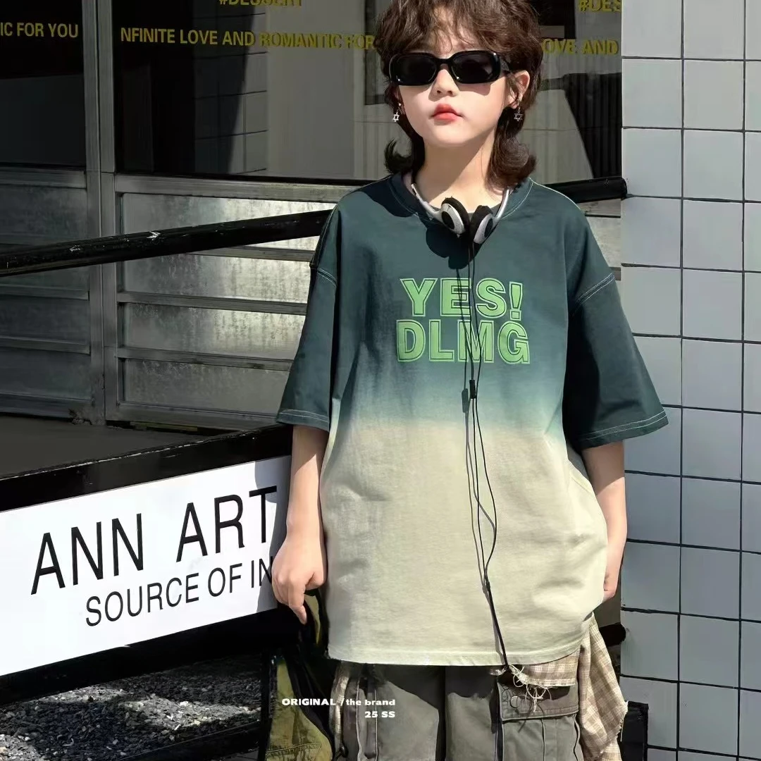 【悠悠万达】男童圆领中大童韩版宽松短袖T恤T88纯棉吊染渐变色ins