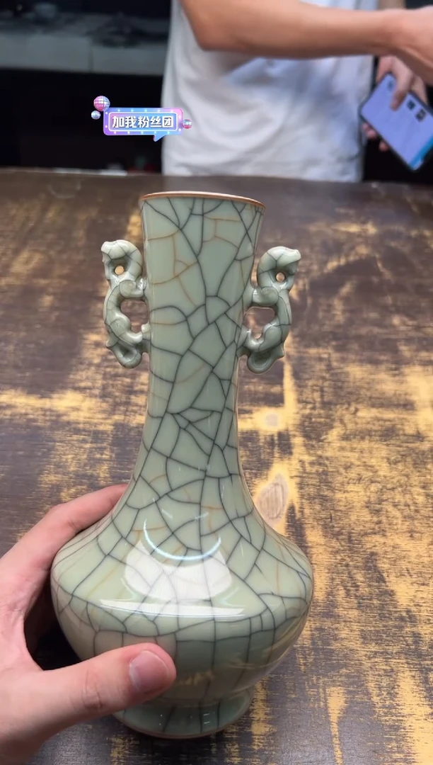 廖建军 金丝铁线米黄龙耳长颈瓶