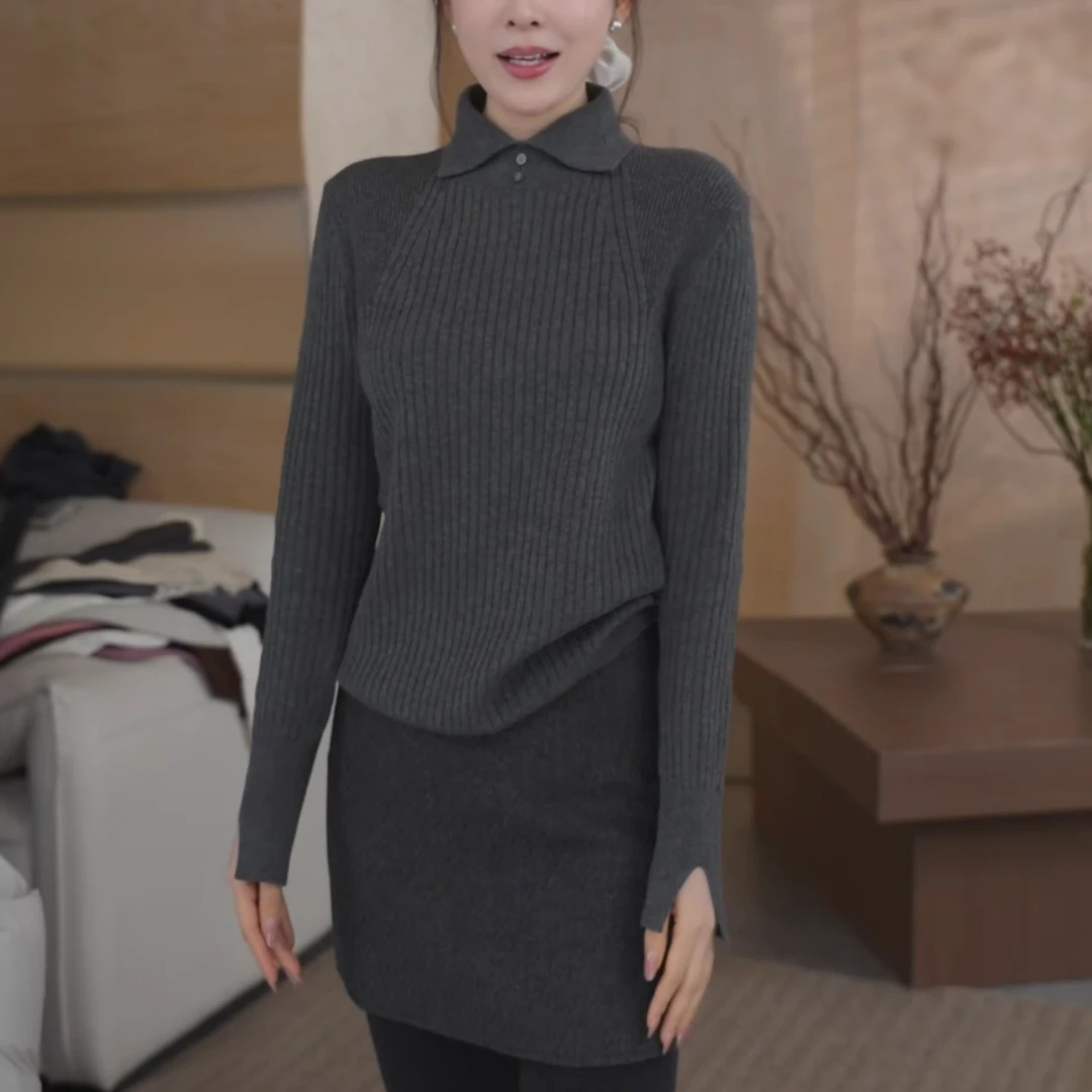 2025秋冬新款气质小翻领显瘦设计款休闲打底针织毛衣女LK2508461