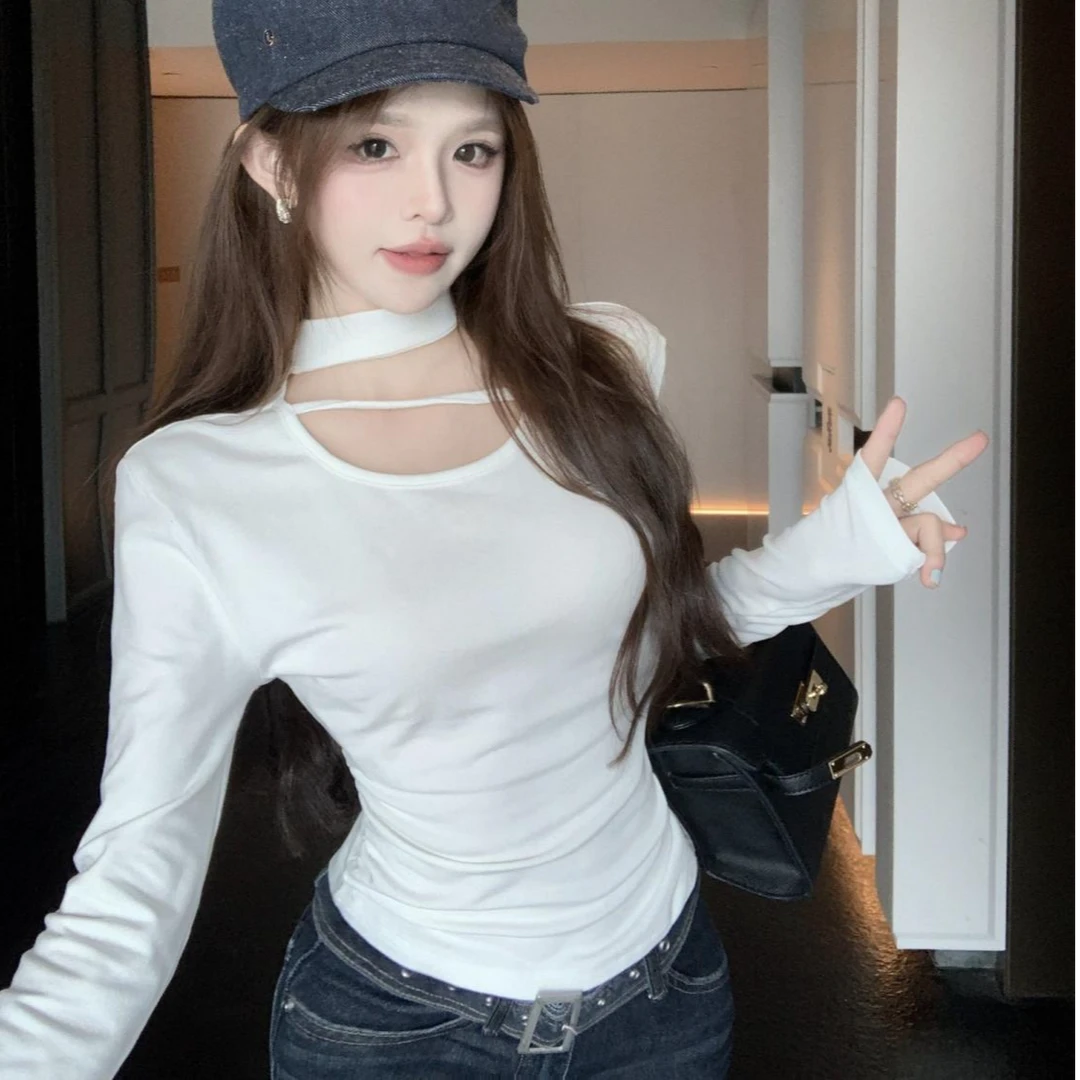 【加绒磨毛】高级感气质挂脖性感小心机褶皱设计感上衣