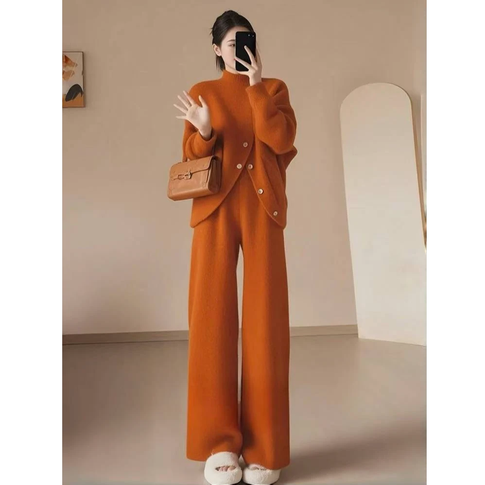 韩系搭配一整套冬装高级感休闲慵懒风南瓜色毛衣酷飒拽姐针织套装