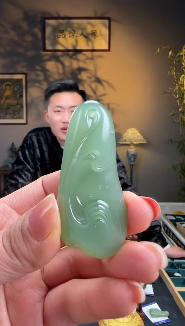 未镶嵌和田玉挂件p37碧玉冰粉青善水牌