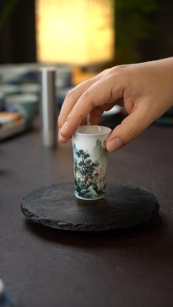 王钢全手工手绘青绿山水闻香杯