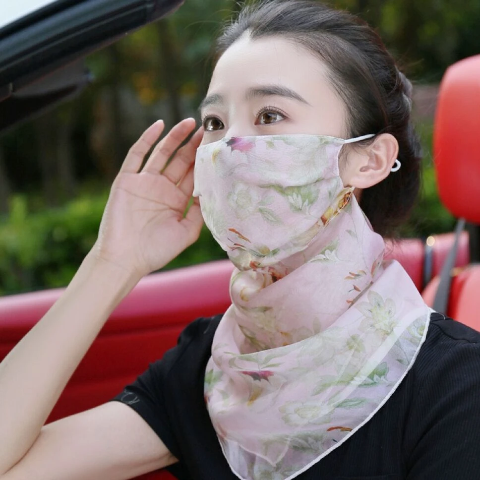 100%桑蚕丝真丝口罩护颈透气薄款夏季防晒面纱女户外遮脸遮阳面罩