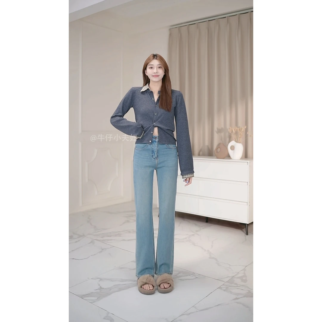 牛仔小夫妇-云朵蓝-春款单裤-高腰窄版小直筒牛仔裤