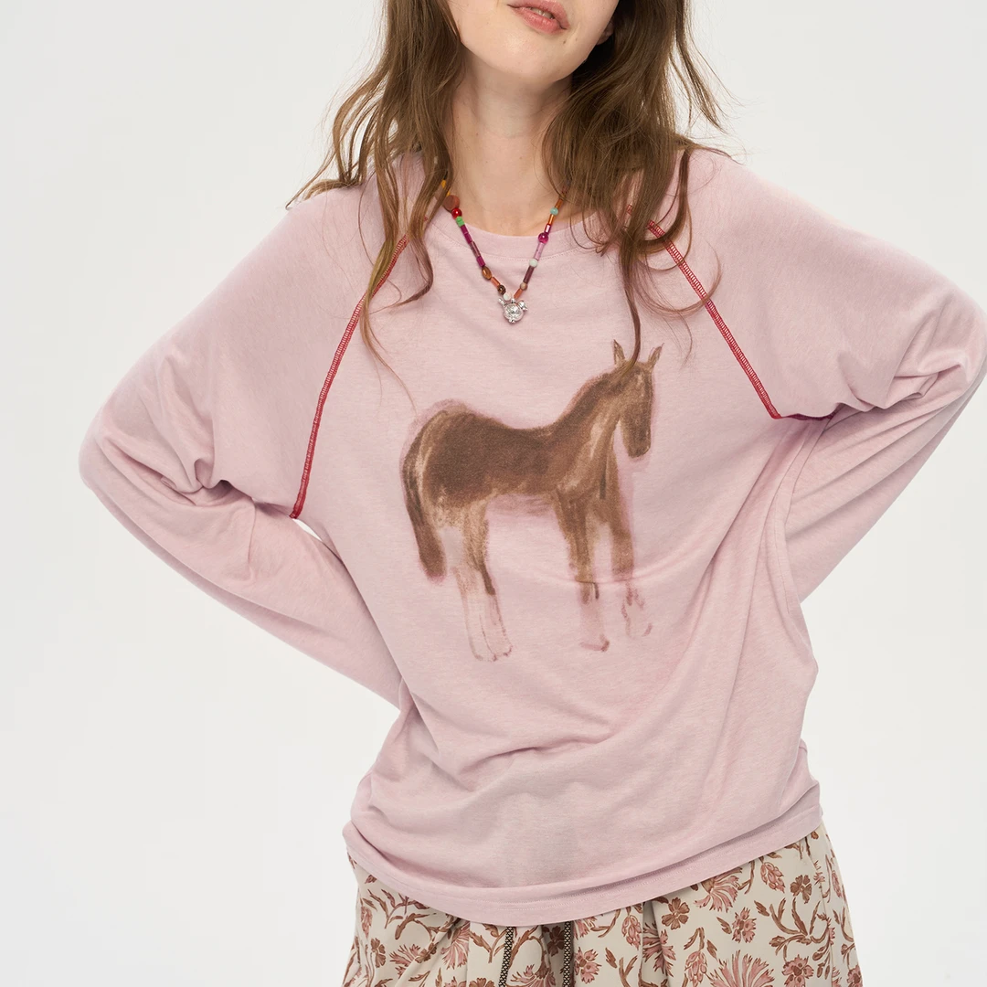 美式复古小马印花长袖T恤女秋季新款宽松慵懒风百搭插肩袖上衣潮N