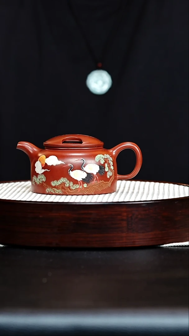 茶壶紫砂宜兴紫砂 松鹤延年 龙血砂 牛盖莲子