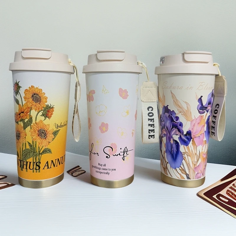 国风花朵系列网红保温水杯316内胆双饮杯带盖保温保冰便携咖啡杯