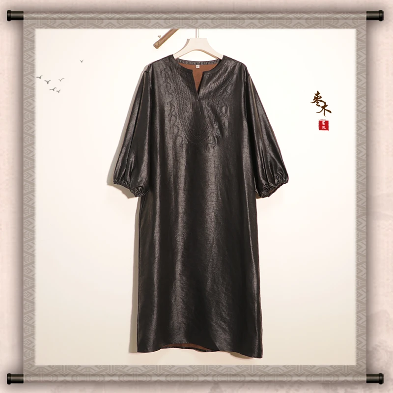 枣木  非遗香云纱国风重锻手工款黑胶绸裙