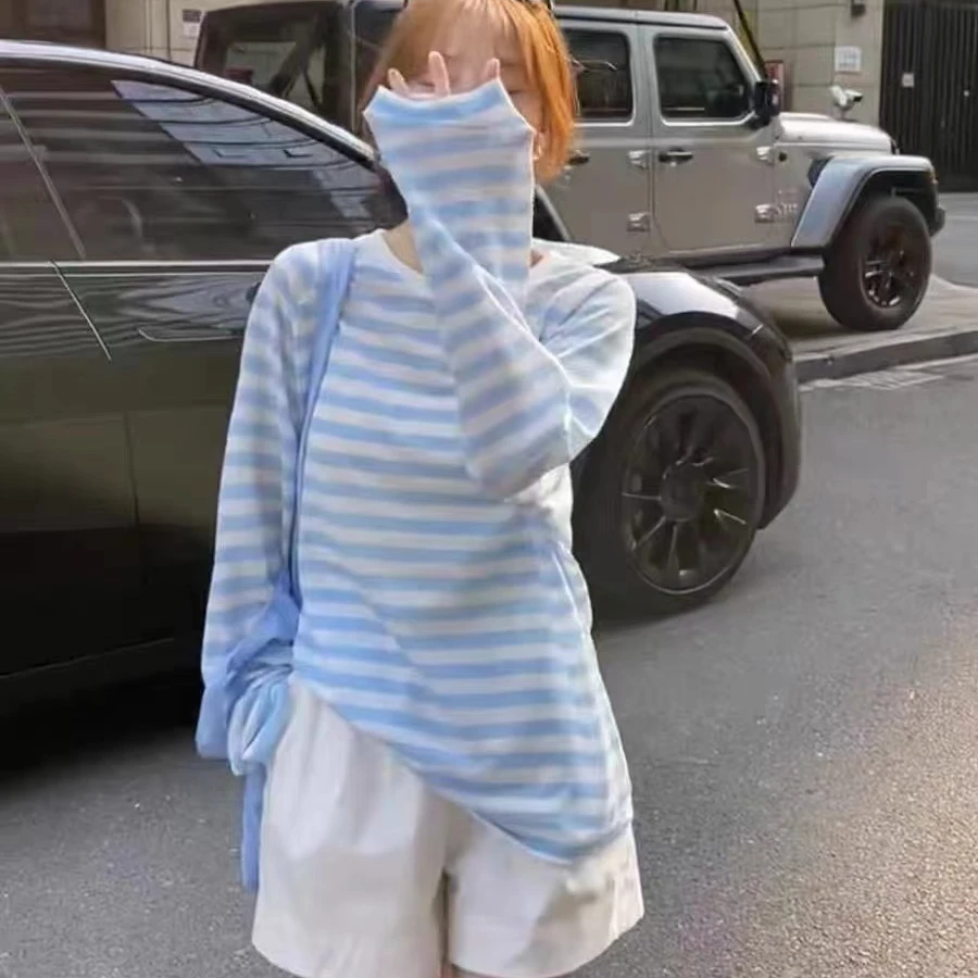 撞色t恤夏冰丝针织条纹撞色防晒衣女洋气长袖网纱透气空调衫上衣