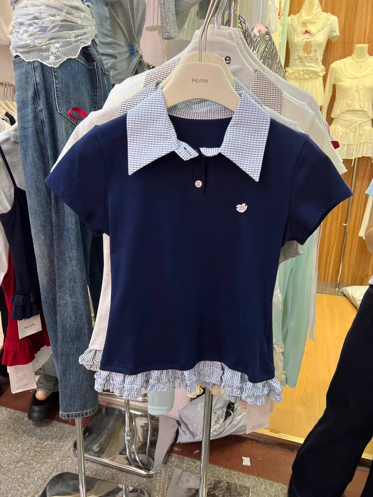 藏青色Polo领木耳边拼接短袖T恤女夏日系格子假两件正肩欧货小衫