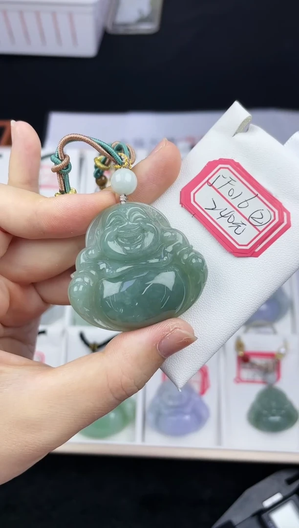 翡翠未镶嵌颈饰孤品5F016翡翠冰菠菜绿中大佛送同款绳