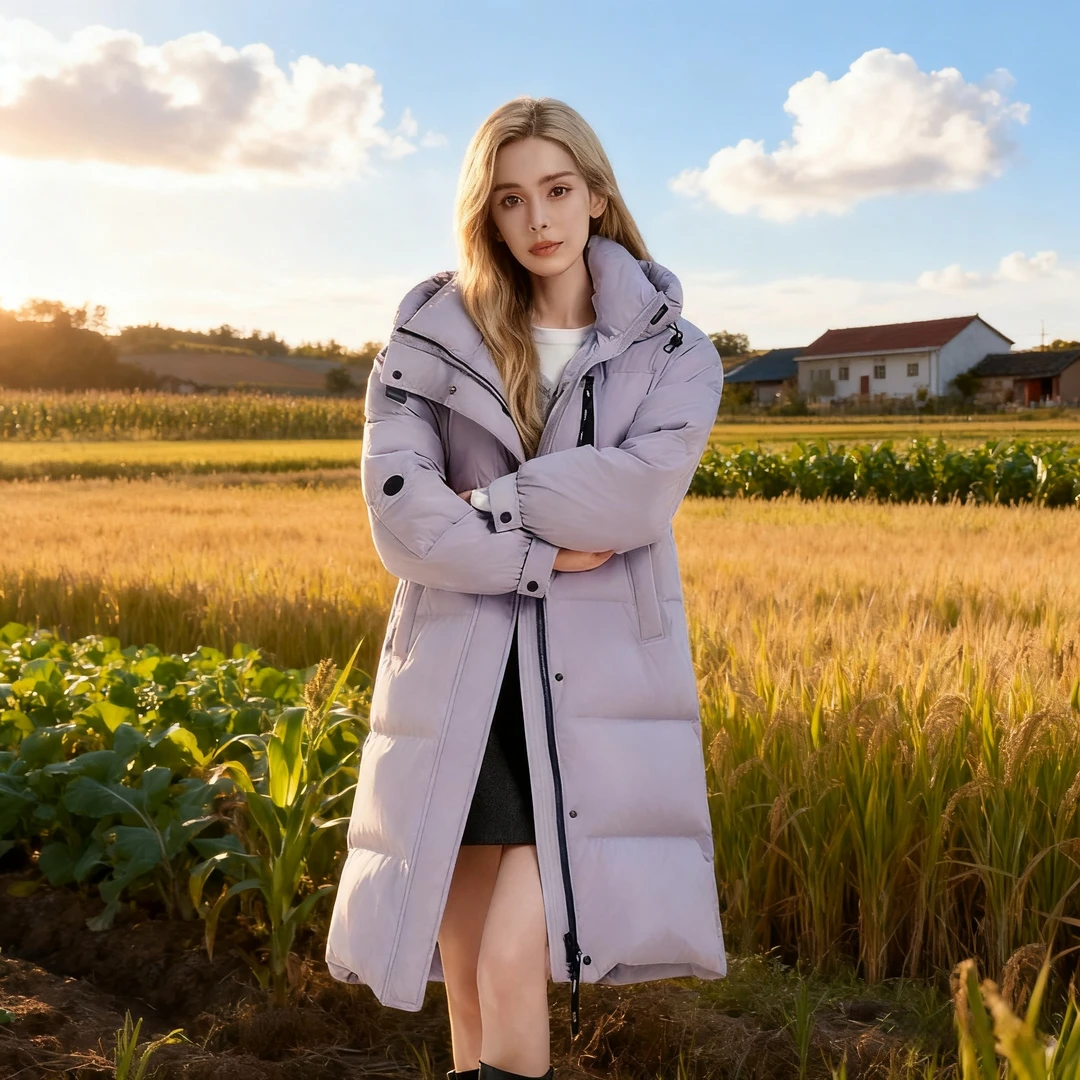 拉夏贝尔羽绒服中长款连帽女森系拼接极简风长款情侣户外修身保暖